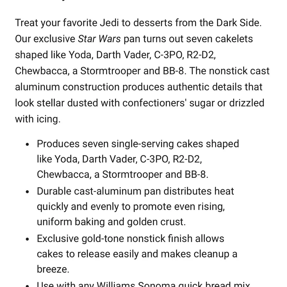 NWT Williams Sonoma Star Wars Cakelet Pan